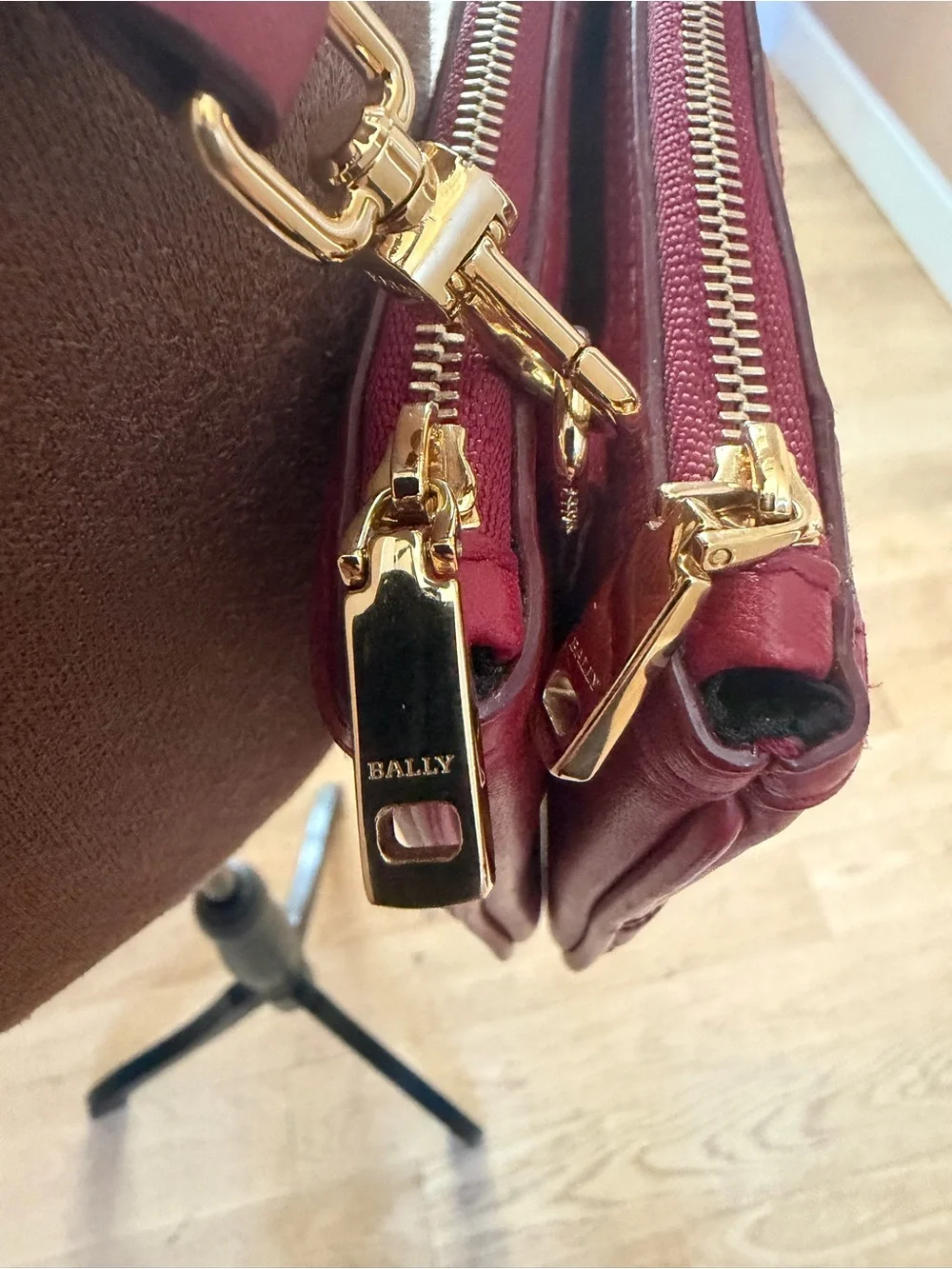 Bally Drice Burgundy Quilted Leather Crossbody with Signature Stripe